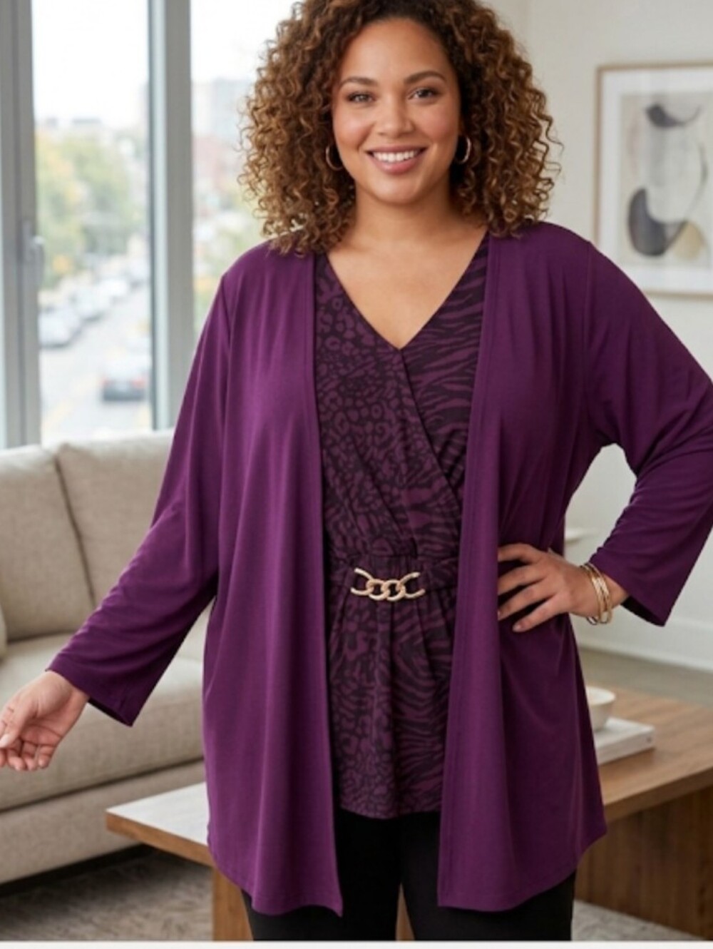 Jaclyn Smith Purple Black Layered Blouse 2XL Long Sleeve Draped Open Front Top